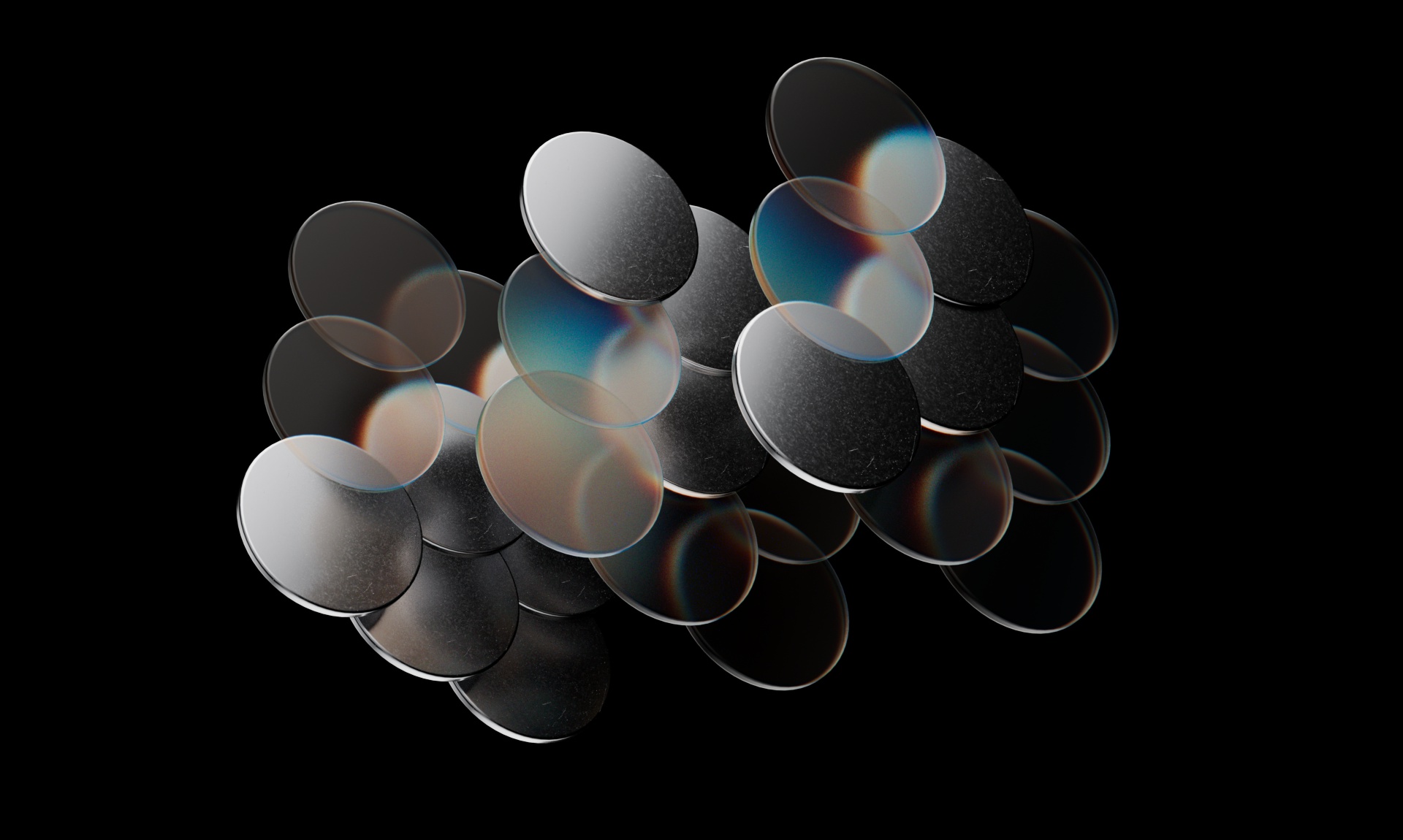 3D render of overlapping translucent and reflective circular discs with subtle rainbow light refractions on black background