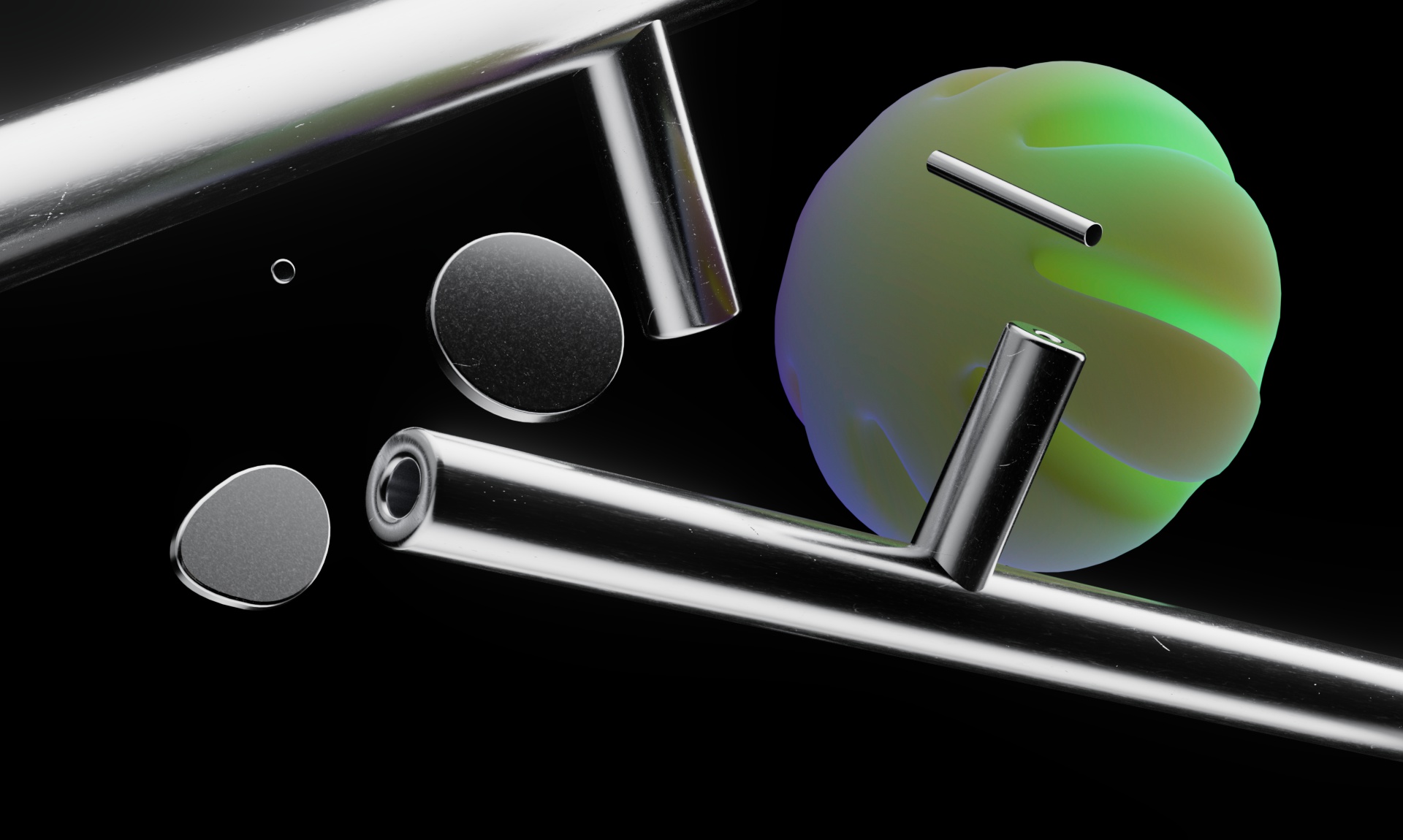 3D render of shiny metallic tubes and discs floating near a smooth, green and purple abstract organic shape on black