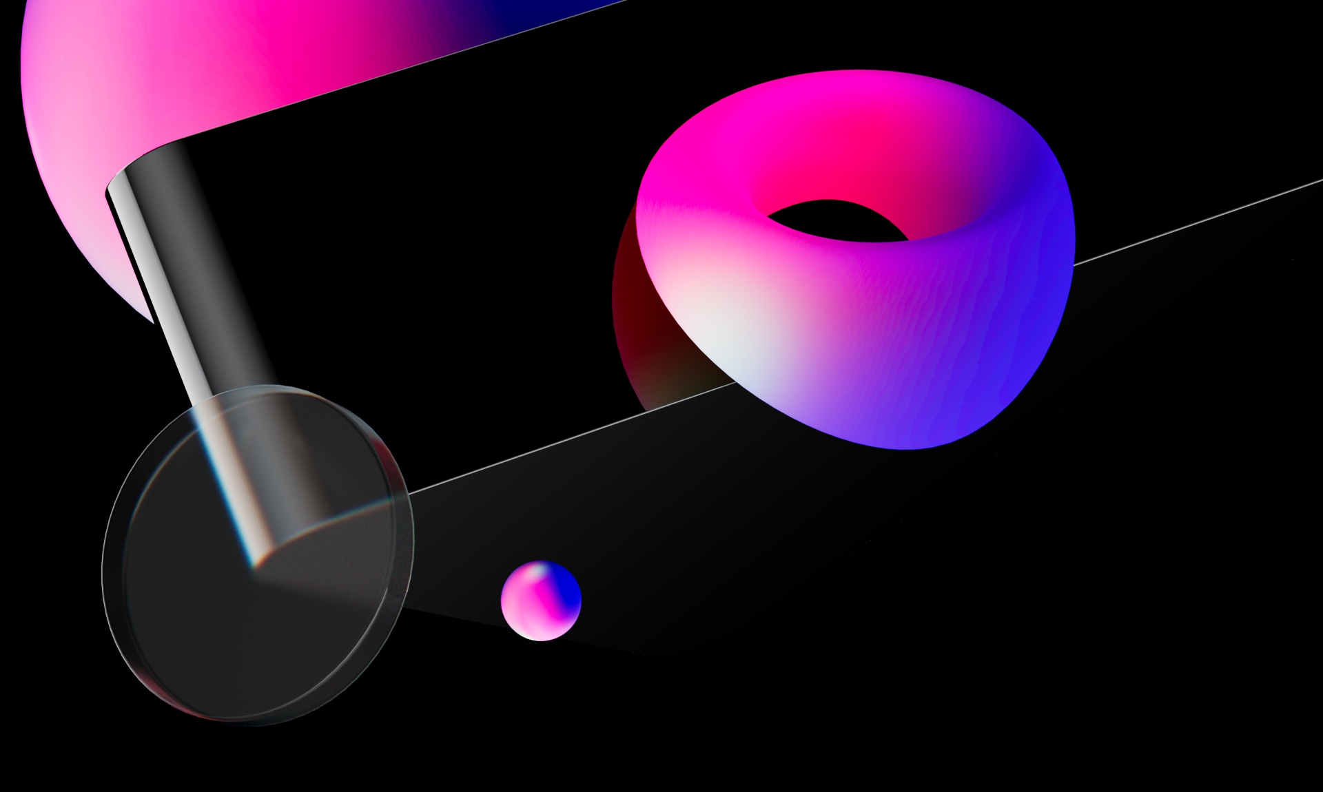 3D render of abstract geometric shapes including a pink-purple torus and reflective black cylinder on black background