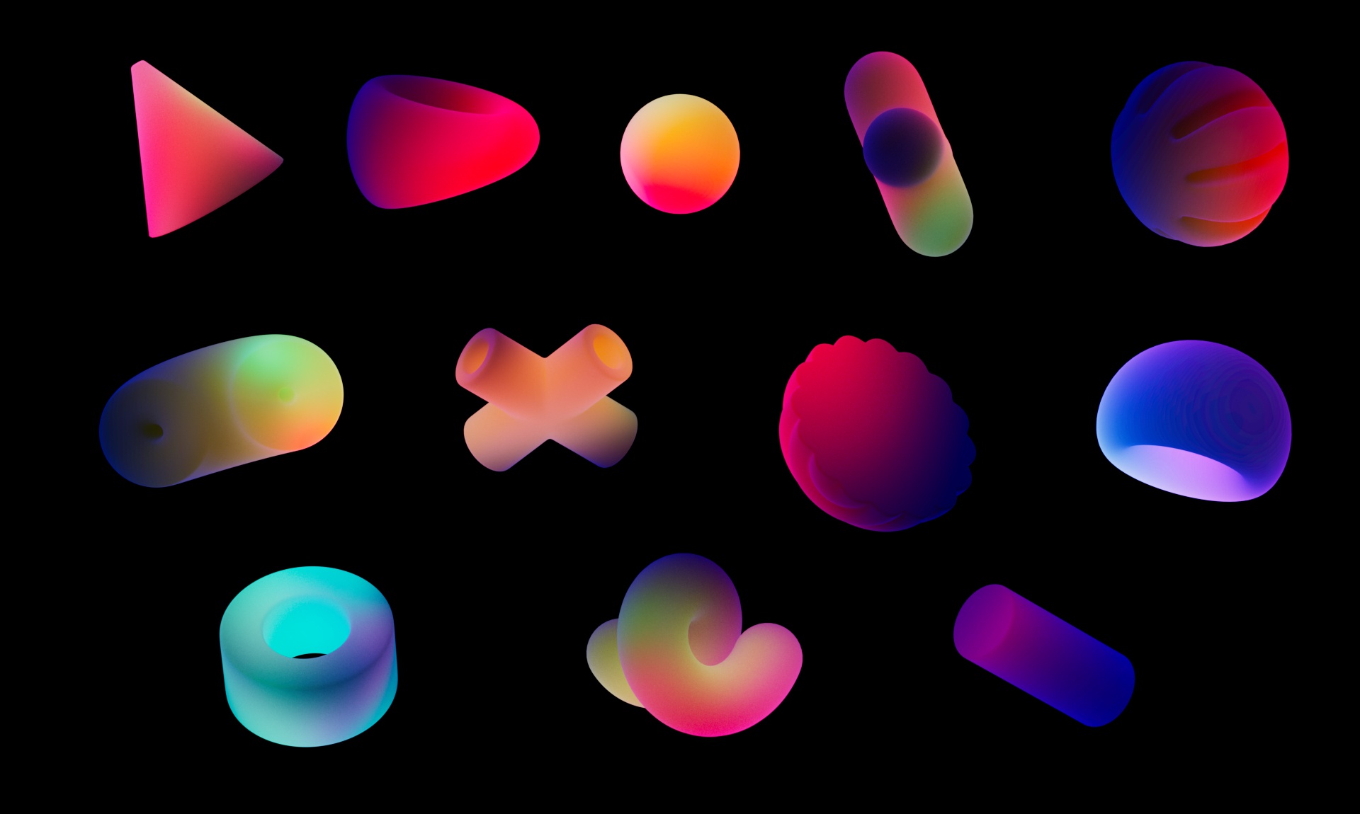 3D render of abstract geometric shapes with smooth gradients in neon pink, orange, blue, and green on black background